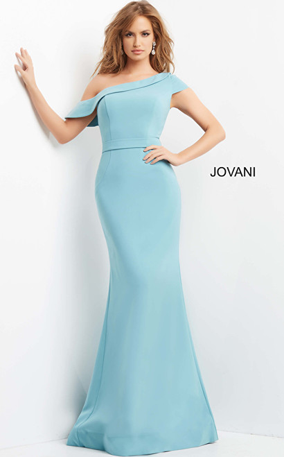 Jovani 09129 Cap Sleeve Asymmetric Neck Sheath Evening Dress