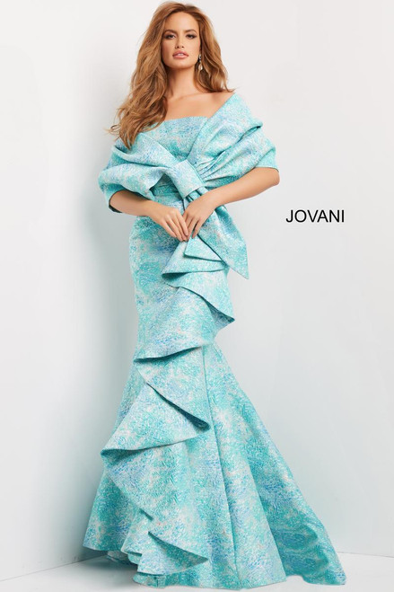 Jovani 08093 Strapless Straight Neck Ruffle Skirt Wrap Gown