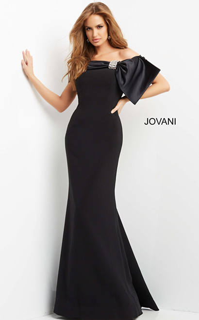 Jovani 07014 Off the Shoulder Satin Bow Long Evening Gown