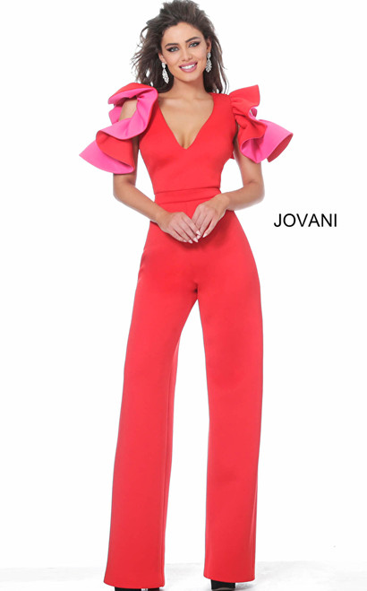 Jovani 68736 Ruffle Sleeve V-Neck Scuba Evening Jumpsuit
