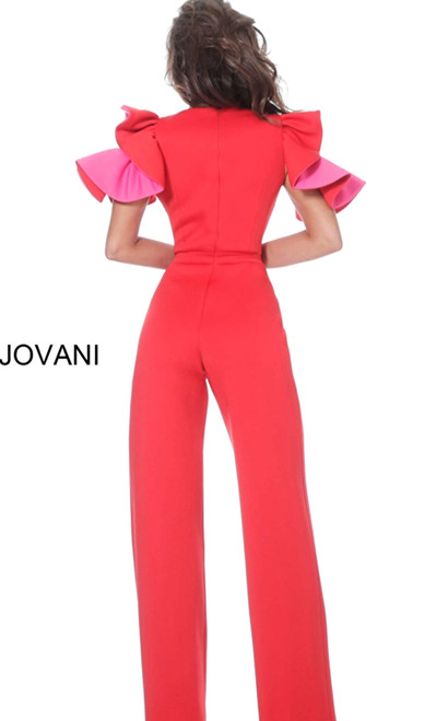 Jovani 68736 Ruffle Sleeve V-Neck Scuba Evening Jumpsuit