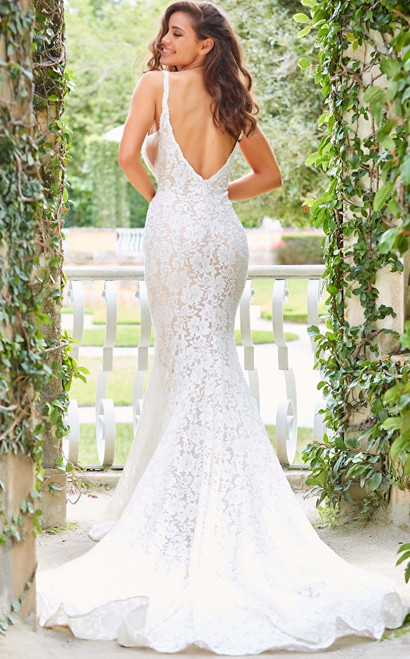 Jovani F03864 Plunging Neck Floor Length Lace Wedding Dress