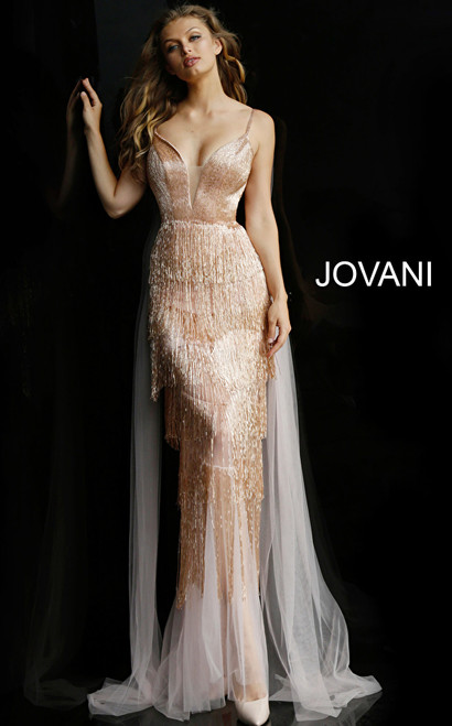 Jovani 65346 Embellished Plunging Neck Fringe Couture Dress