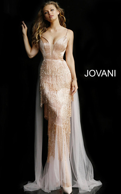 Jovani 65346 Embellished Plunging Neck Fringe Couture Dress