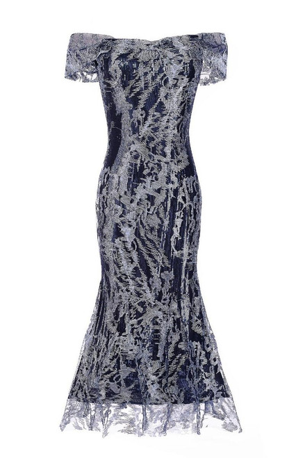 Janique 62122 Embroidered Off Shoulder Tea Length Dress