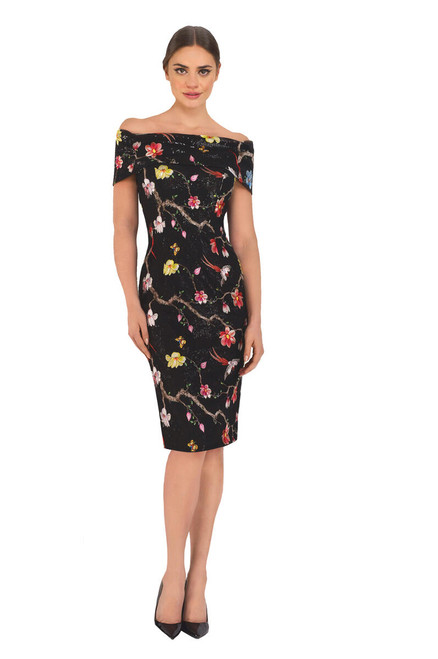 Janique 2044 Floral Embroidered Fitted Knee-Length Dress