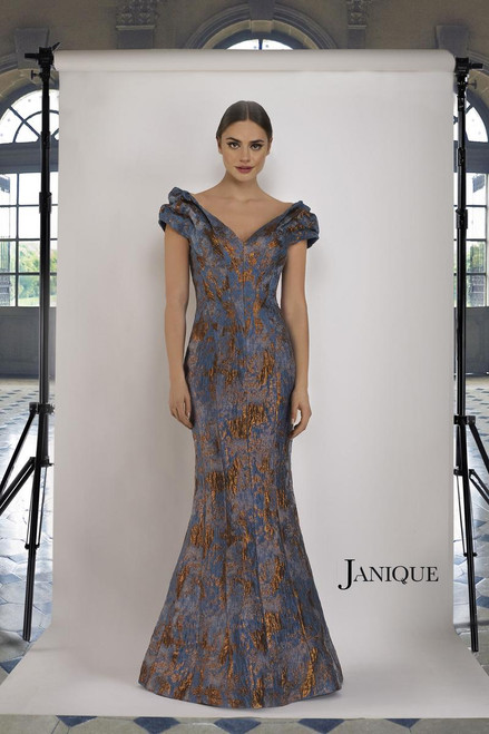 Janique 66721 Wide V-neck Ruched Cap Sleeve Jacquard Gown