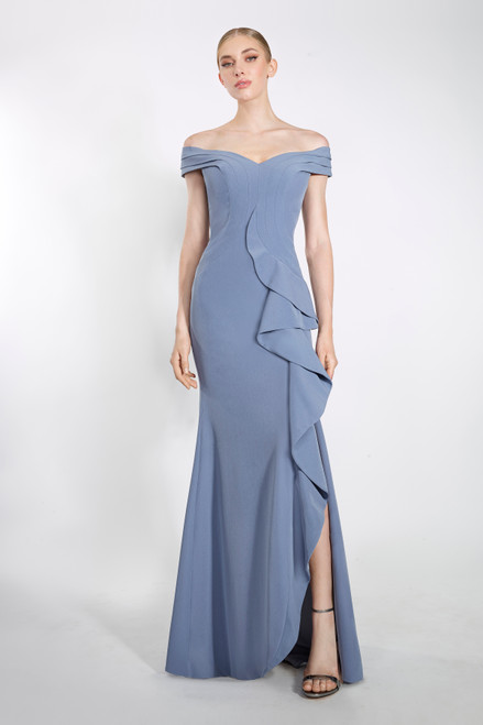 Janique K6876 Off Shoulder Sleeves Ruffle Slit Trumpet Gown