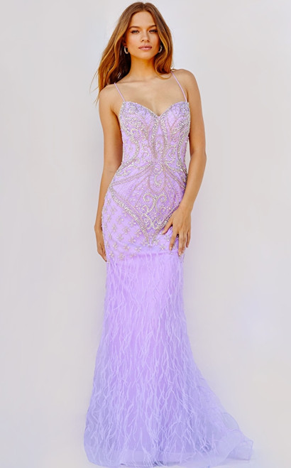 Jovani 08525 Sleeveless V-Neck Feather Skirt Long Prom Dress