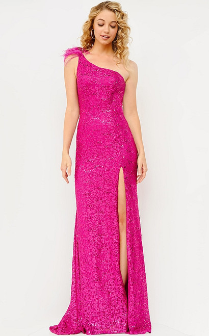 Jovani JVN08175 Asymmetric Neck One Shoulder Lace Dress
