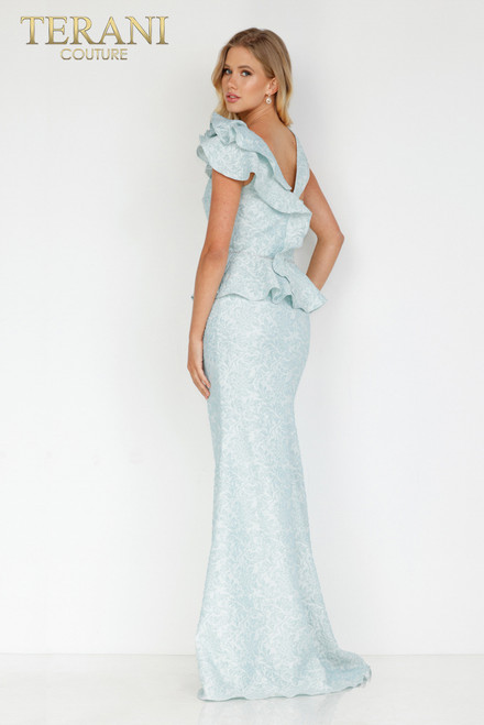 Terani Couture 2011M2167 V-neck Long Stretch Jacquard Dress
