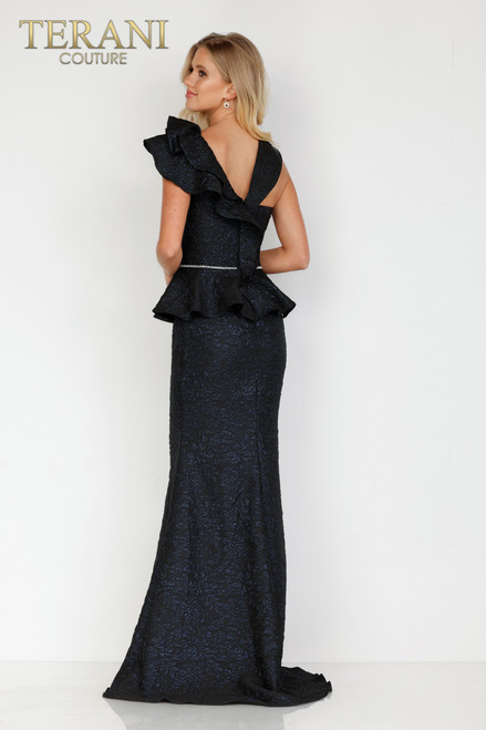 Terani Couture 2011M2167 V-neck Long Stretch Jacquard Dress