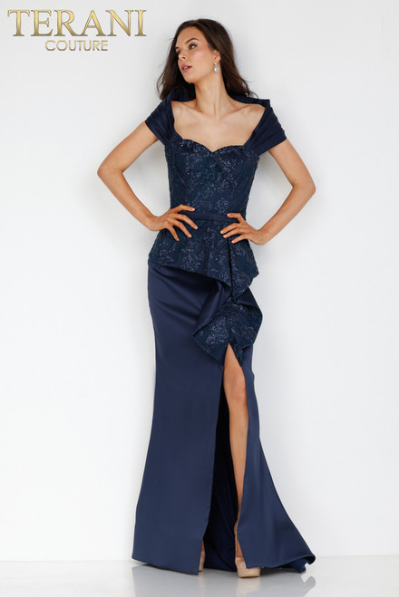 Terani Couture 231M0333 High Slit Stretch Mikado Long Dress