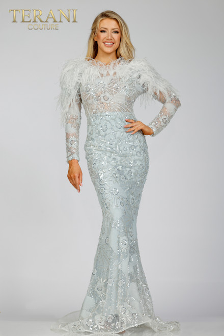 Terani Couture 231M0491 Fur Style Fishtail Embellished Gown