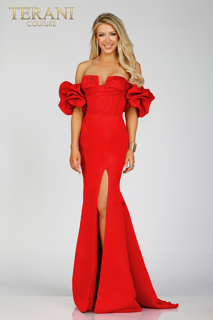 Terani Couture 231P0181 Matte Satin Short Ruffle Sleeve Gown