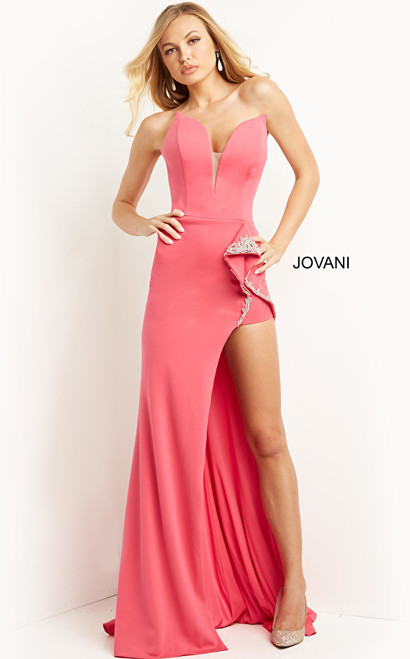 Jovani 07323 Strapless Plunging Neck Crystal Beaded Dress