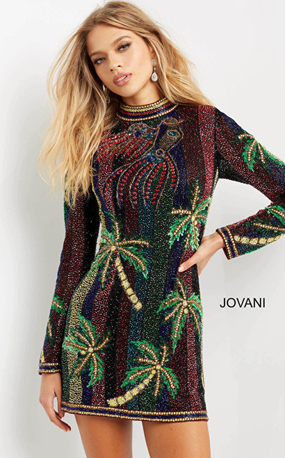 Jovani 08453 Long Sleeve Fitted Silhouette Cocktail Dress