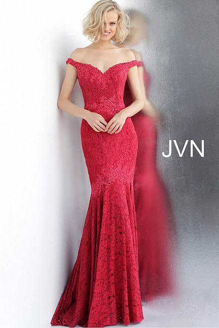 Jovani JVN62564 Embellished Lace Off-shoulder Long Dress