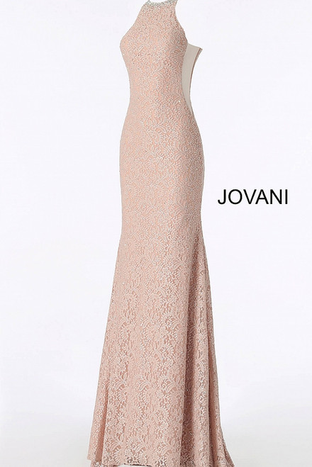 Jovani JVN64010 Sleeveless High Halter Beaded Lace Long Gown