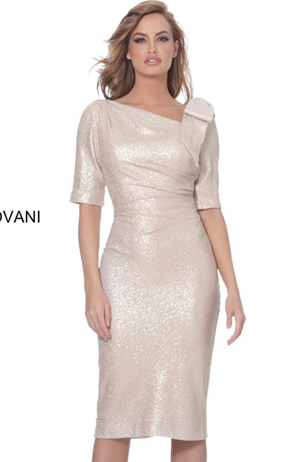 Jovani 03641 Short Sleeves Ruched Waist Knee Length Dress