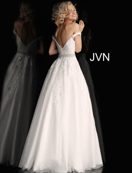 Jovani Prom JVN68620 Applique Plunging Off-Shoulder Ballgown