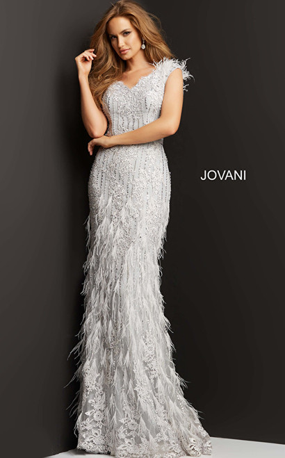 Jovani 03108 Sleeveless Feather Embellished Evening Dress