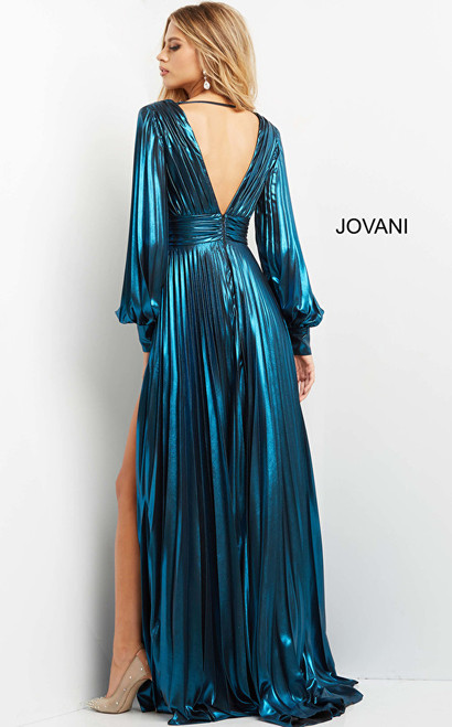 Jovani 06221 Metallic High Slit Pleated V-Neck Evening Dress
