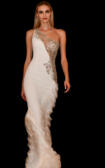 Jovani 03389 One Shoulder Asymmetric Beaded Sheer Long Gown