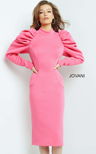 Jovani 09355 Bubble Sleeve Knee Length High Neck Dress