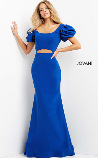 Jovani 08526 Puff Sleeve Fitted Midriff Cutout Evening Dress