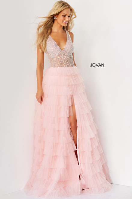 Jovani 07235 Low V-Neck Jeweled High Slit Tulle Long Gown