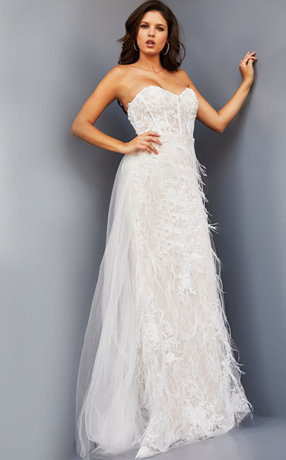 Jovani 07914 Strapless Embroidered Sweetheart Fringed Gown