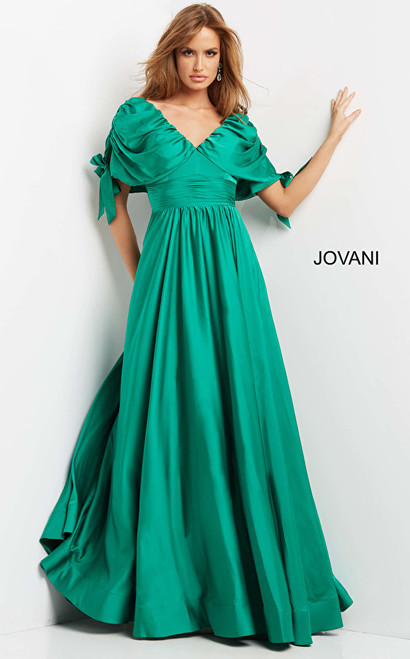 Jovani 07504 V-Neck Pleated Waist Cape Sleeve Evening Dress