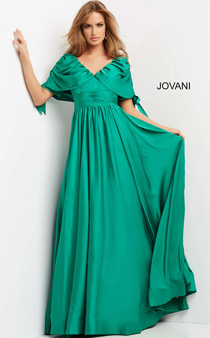 Jovani 07504 V-Neck Pleated Waist Cape Sleeve Evening Dress