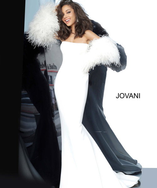 Jovani 1226 Strapless Fur Sleeves Evening Dress