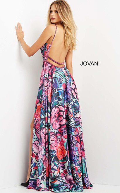 Jovani 08593 Print Backless Plunging Neck Prom Gown