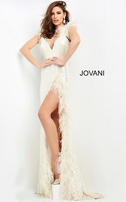 Jovani 06164 Sequin Feather Fitted Prom Floor Length Dress