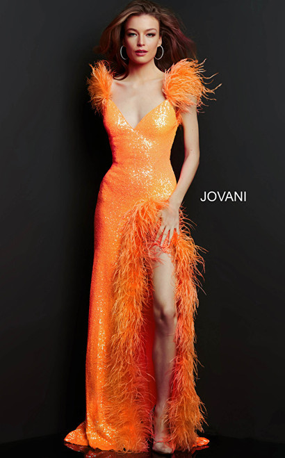 Jovani 06164 Sequin Feather Fitted Prom Floor Length Dress