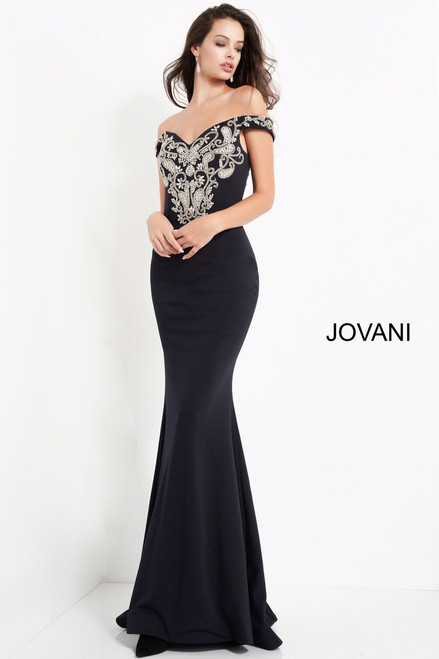 Jovani 02576 Off Shoulder Embroidered Evening Dress