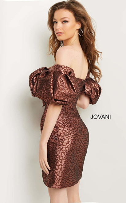 Jovani 09641 Off Shoulder Pleats Puff Sleeves Cocktail Dress