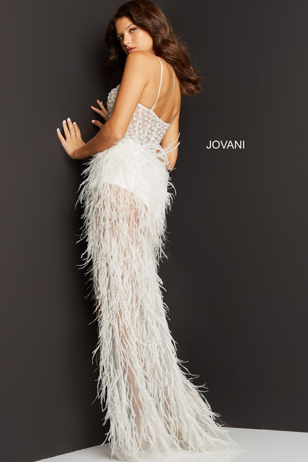 Jovani 07591 Spaghetti Straps Feather Ornate Sheer Gown