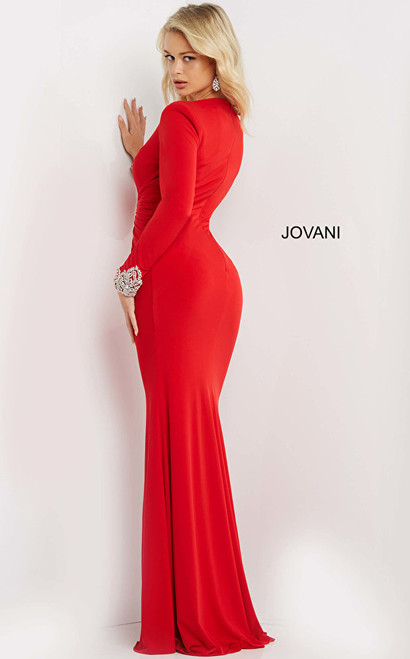 Jovani 07320 Long Sleeves Plunging V-Neck Ruched Long Dress