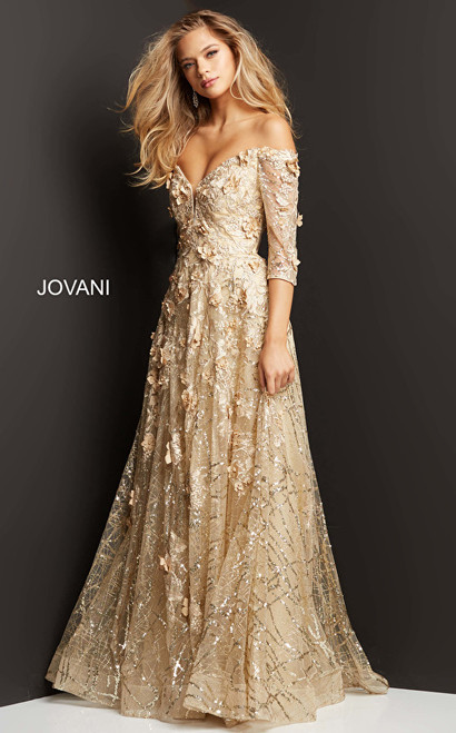 Jovani 06636 Plunging Neck Floral Embellished Evening Gown