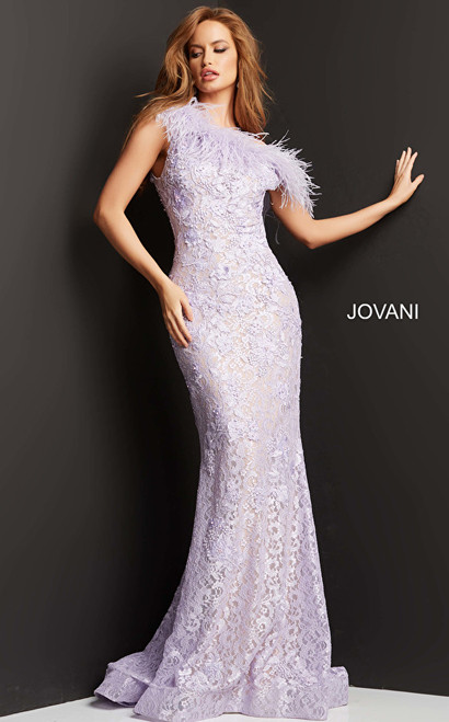 Jovani 06663 One Shoulder Feather Neckline Evening Dress