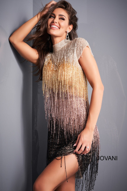 Jovani 04120 High Neck Fringe Short Dress