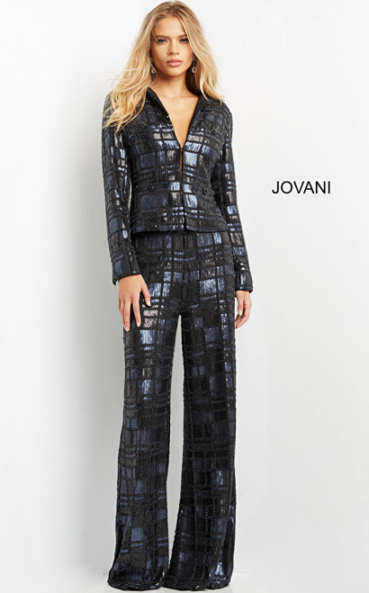 Jovani 07166 Deep V-Neck Embellished Long Sleeve Suit