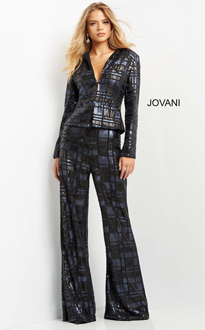 Jovani 07166 Deep V-Neck Embellished Long Sleeve Suit