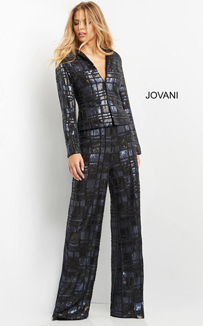 Jovani 07166 Deep V-Neck Embellished Long Sleeve Suit