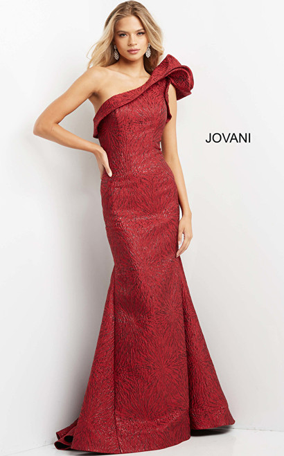 Jovani 05176 Asymmetrical Neck One Shoulder Jacquard Gown