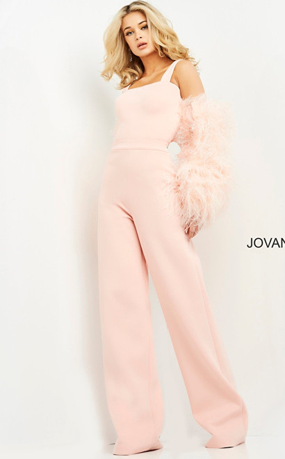 Jovani 05505 Feather Sleeve Long Contemporary Jumpsuit